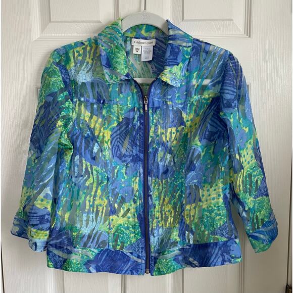 Coldwater Creek Vine Burnout Full Zip Jacket Sz 8P Lightweight Semi-Sheer Blue - Picture 1 of 7